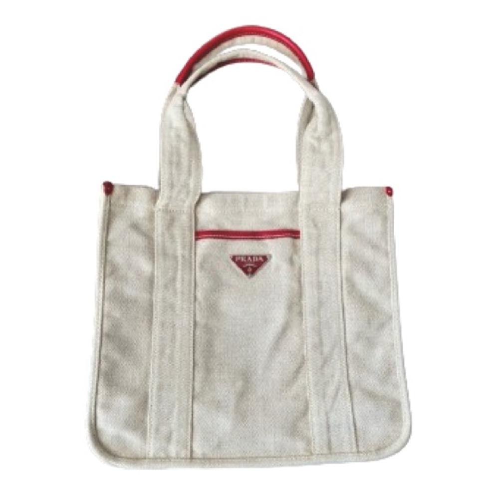 Prada Authentic Canvas Tote With Red Leather Trim - image 2